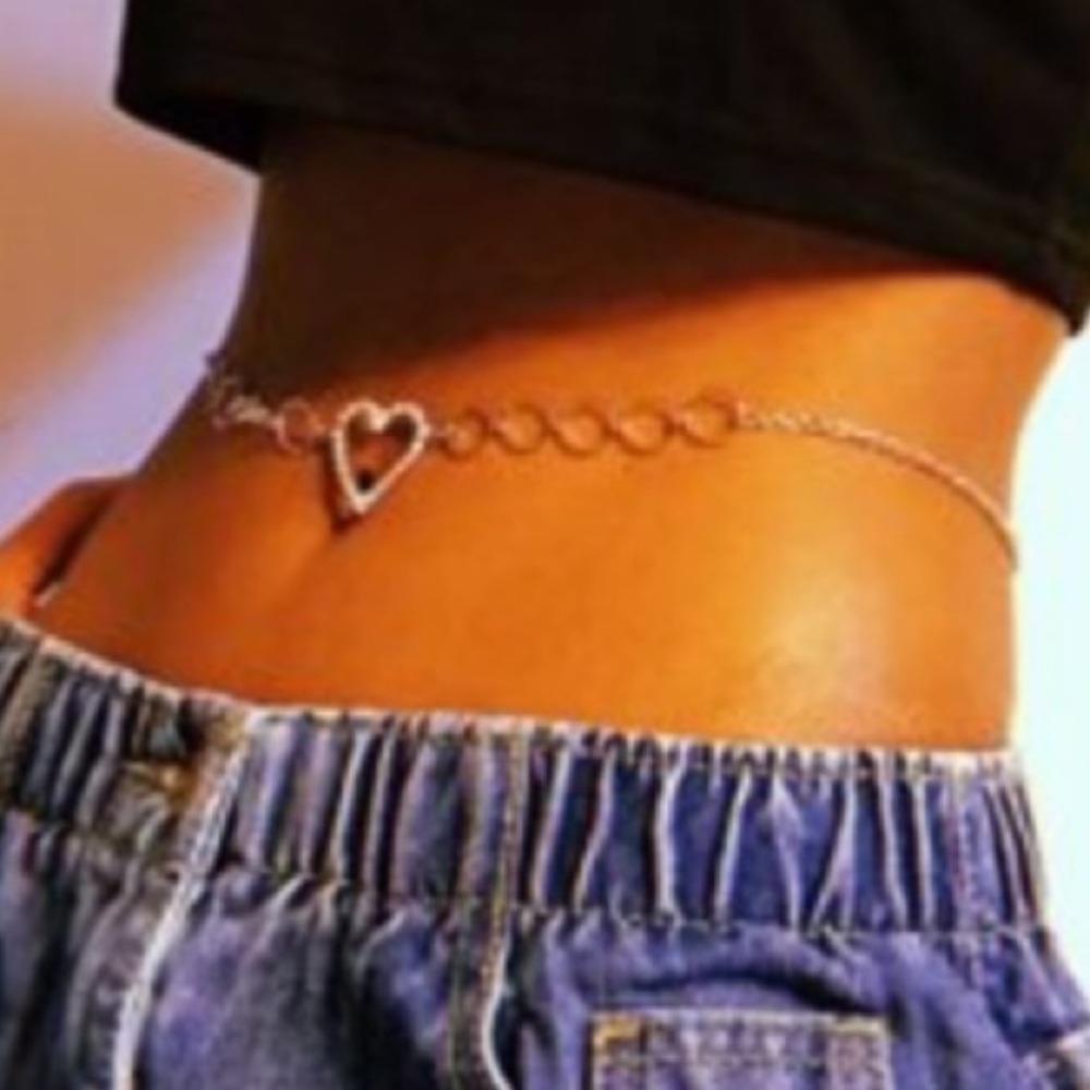 Sweet Silver Rhinestone Heart W/5 Circles On Each Side Belly Chain-Jewelry  NWT
